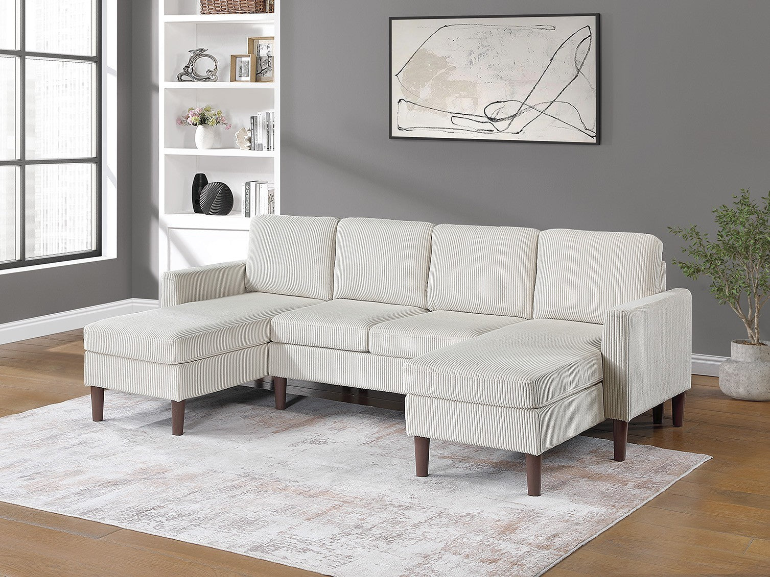 Beige Corduroy 3pc Sectional Sofa with Chaise & Loveseat