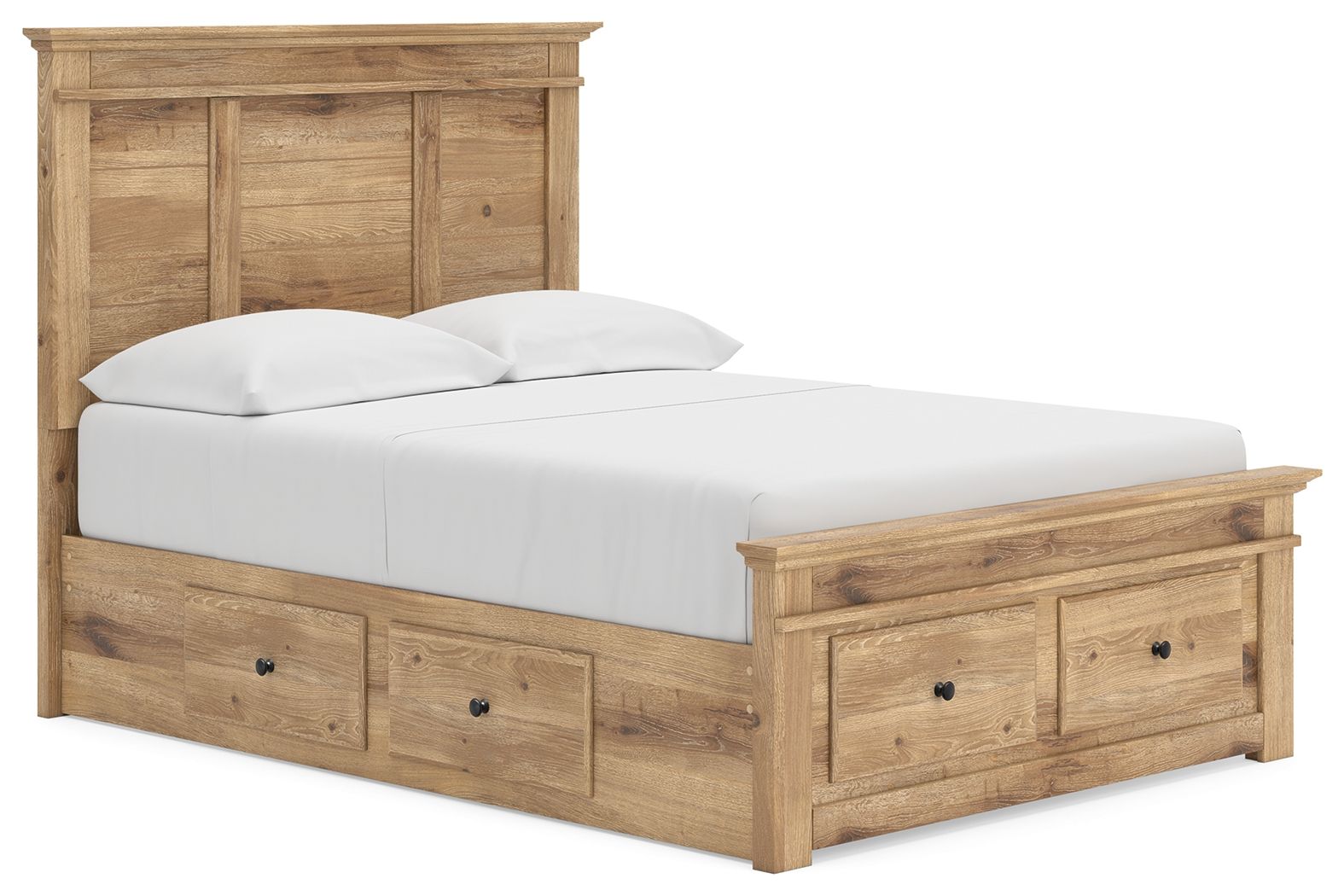 Panel storage bed with light brown wood frame, upholstered white mattress, and two front drawer units
