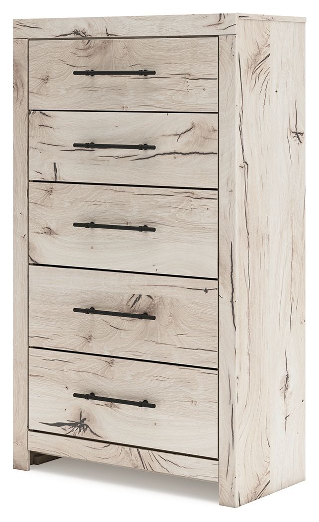 Light natural wood five-drawer chest with black bar handles, side panel visible