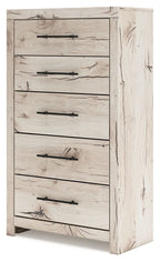 Light natural wood five-drawer chest with black bar handles, side panel visible
