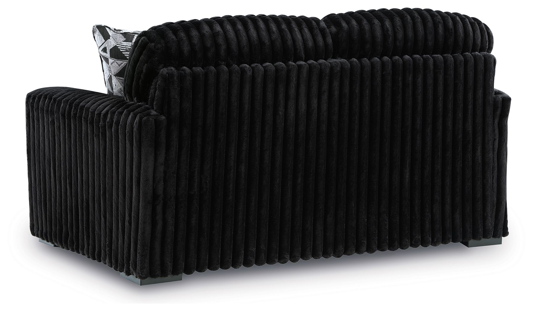 Black corduroy loveseat with tufted back and one patterned side pillow