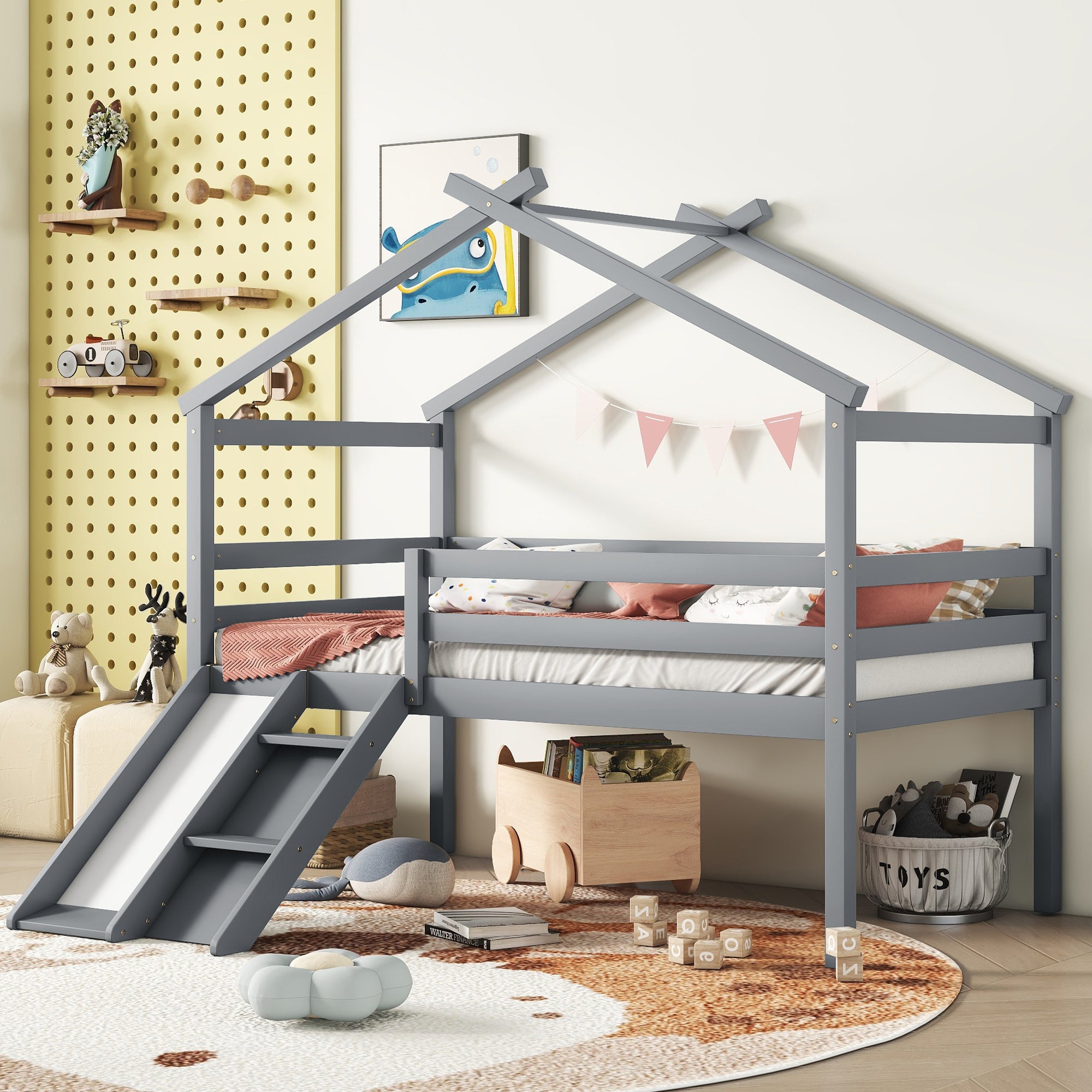 Grey Twin Low Loft House Bed with Slide, Ladder, Guardrails