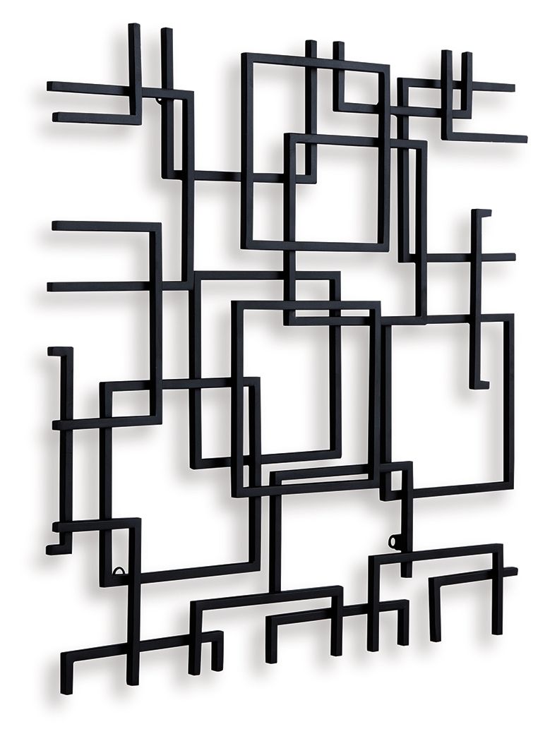 Black geometric wall decor with square frame center and surrounding bar and L shapes