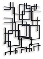 Black geometric wall decor with square frame center and surrounding bar and L shapes