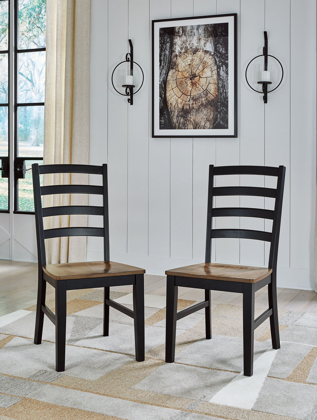 Dining side chair set of 2 with black ladder backs and brown wood seats