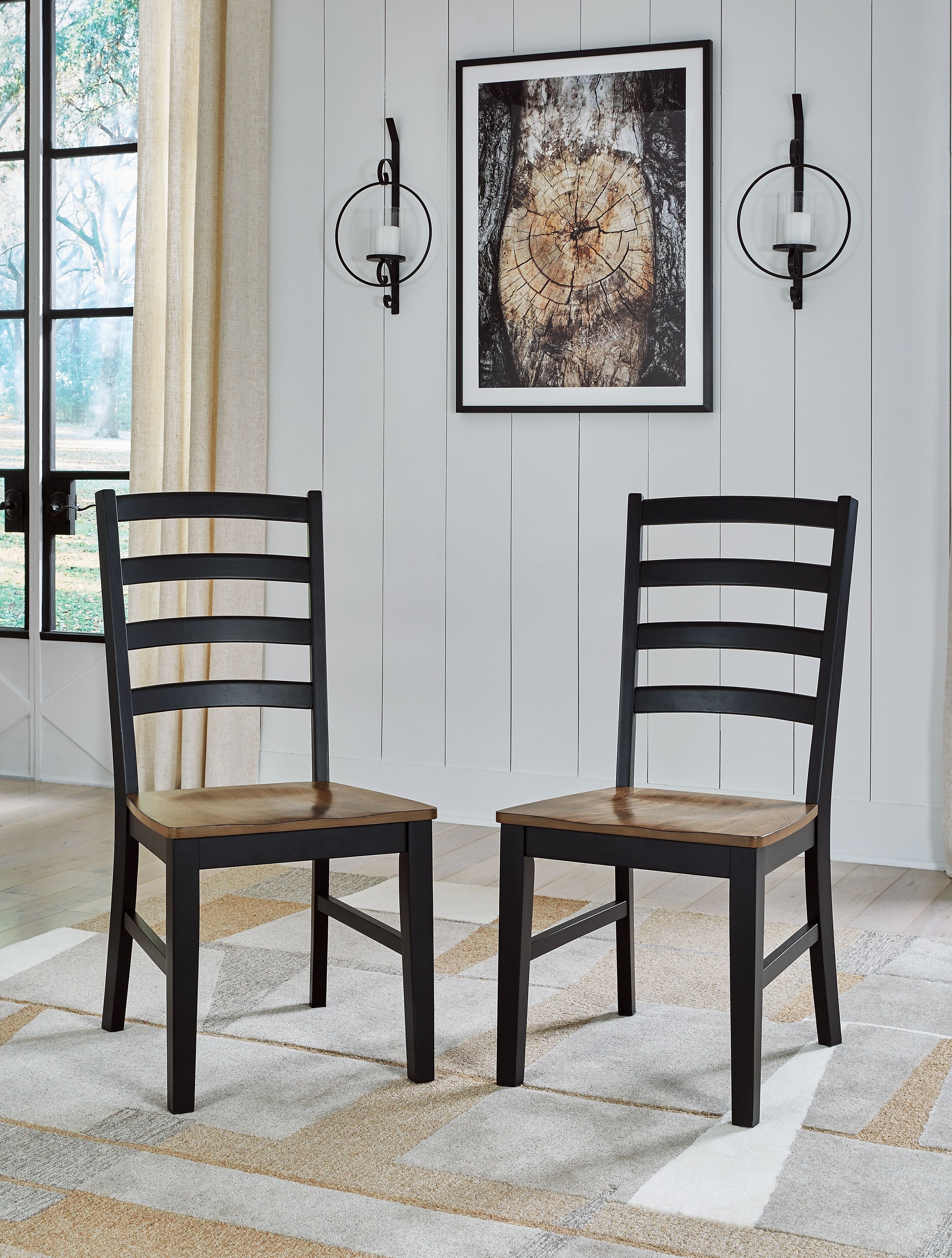 Dining side chair set of 2 with black ladder backs and brown wood seats