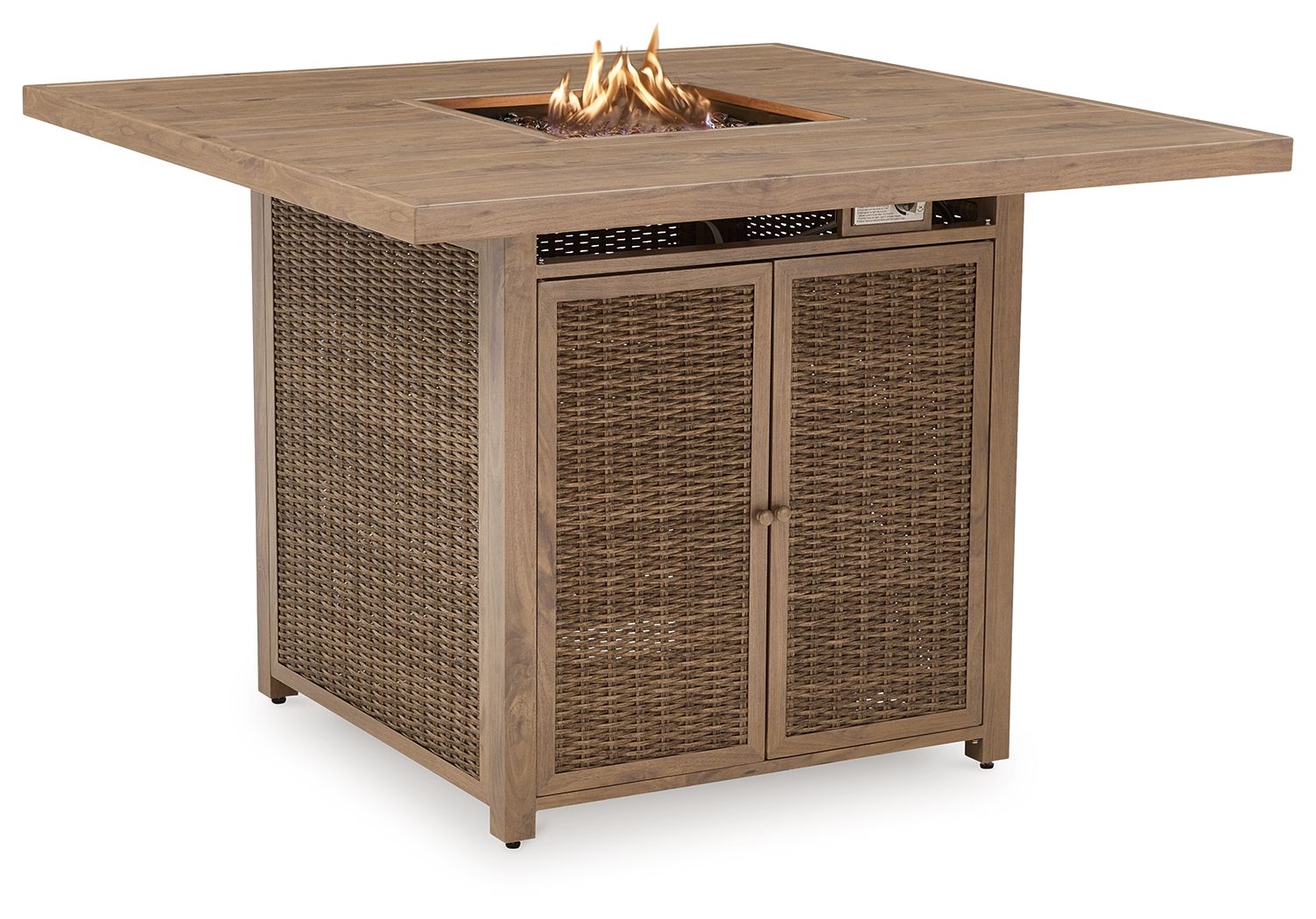 Square fire pit bar table with centered open flame and woven rattan cabinet doors