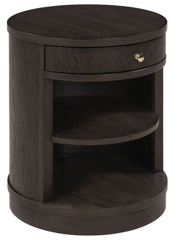 Dark brown round accent table with one drawer and two open shelves