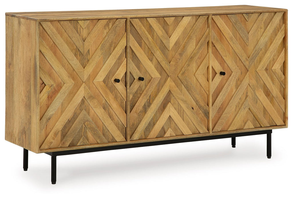 Natural wood accent cabinet with chevron pattern doors and two metal pulls