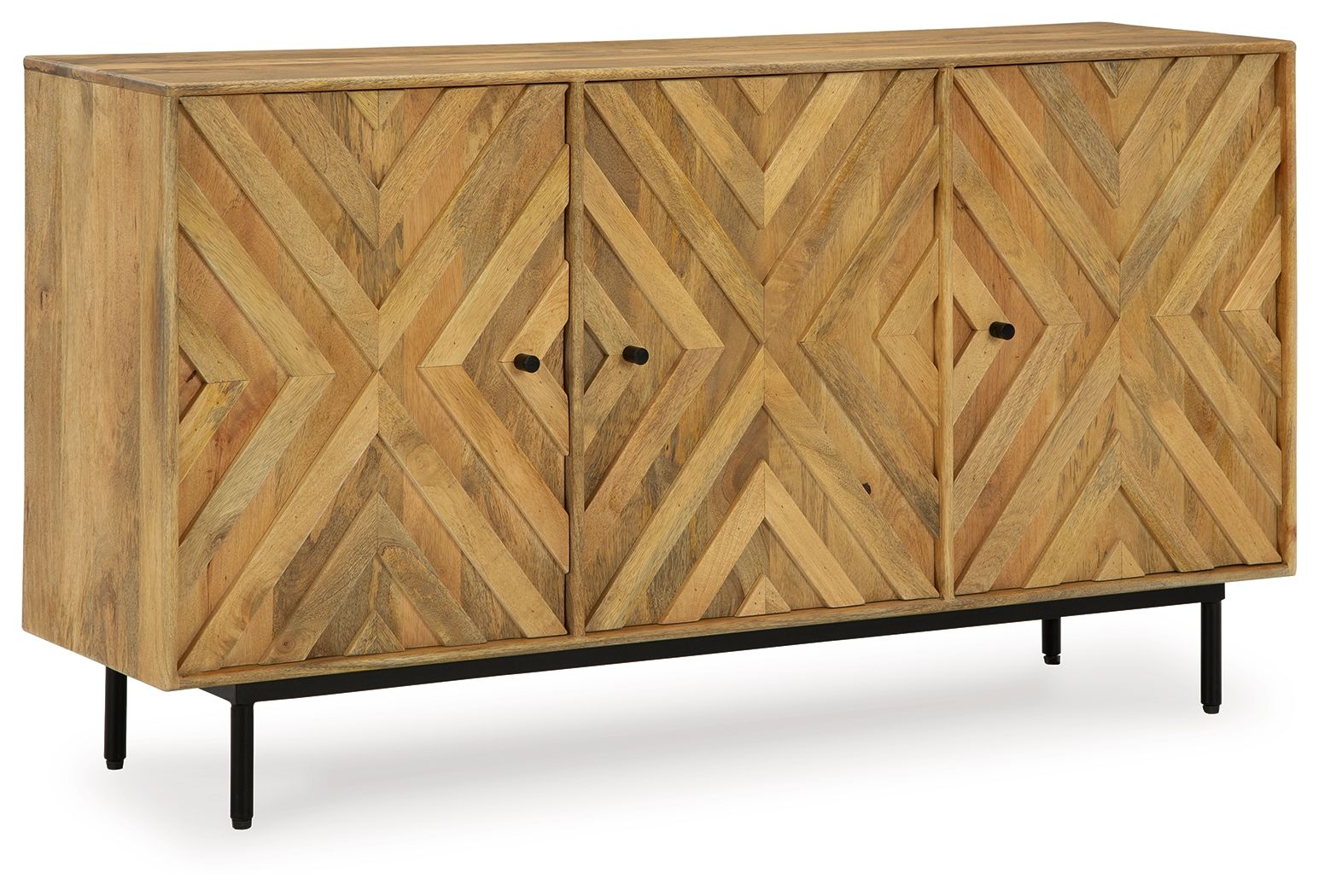 Natural wood accent cabinet with chevron pattern doors and two metal pulls