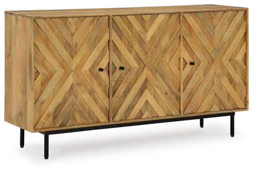 Natural wood accent cabinet with chevron pattern doors and two metal pulls