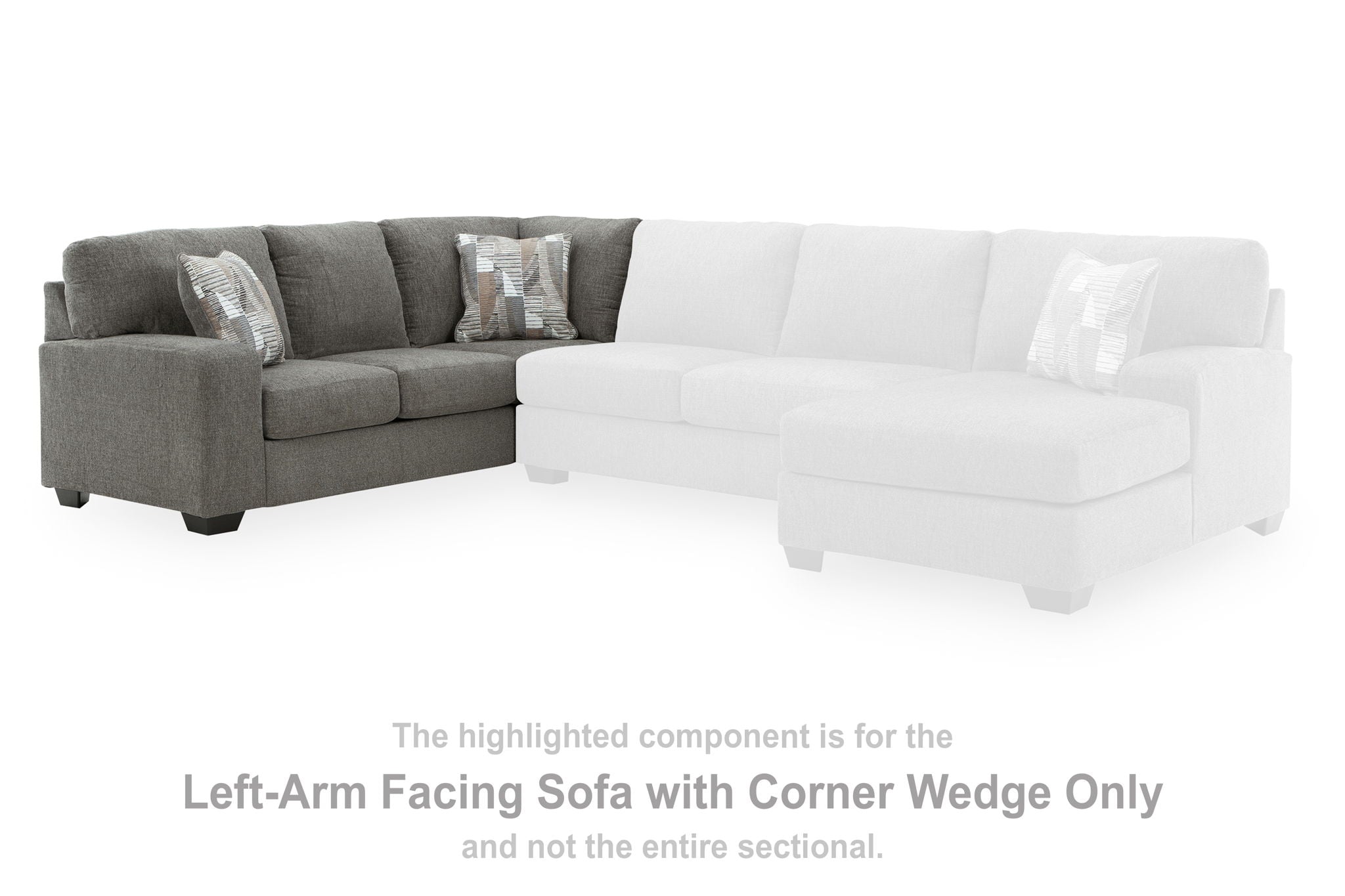 Gray left-arm facing sofa with corner wedge, box seat cushions, and two back pillows