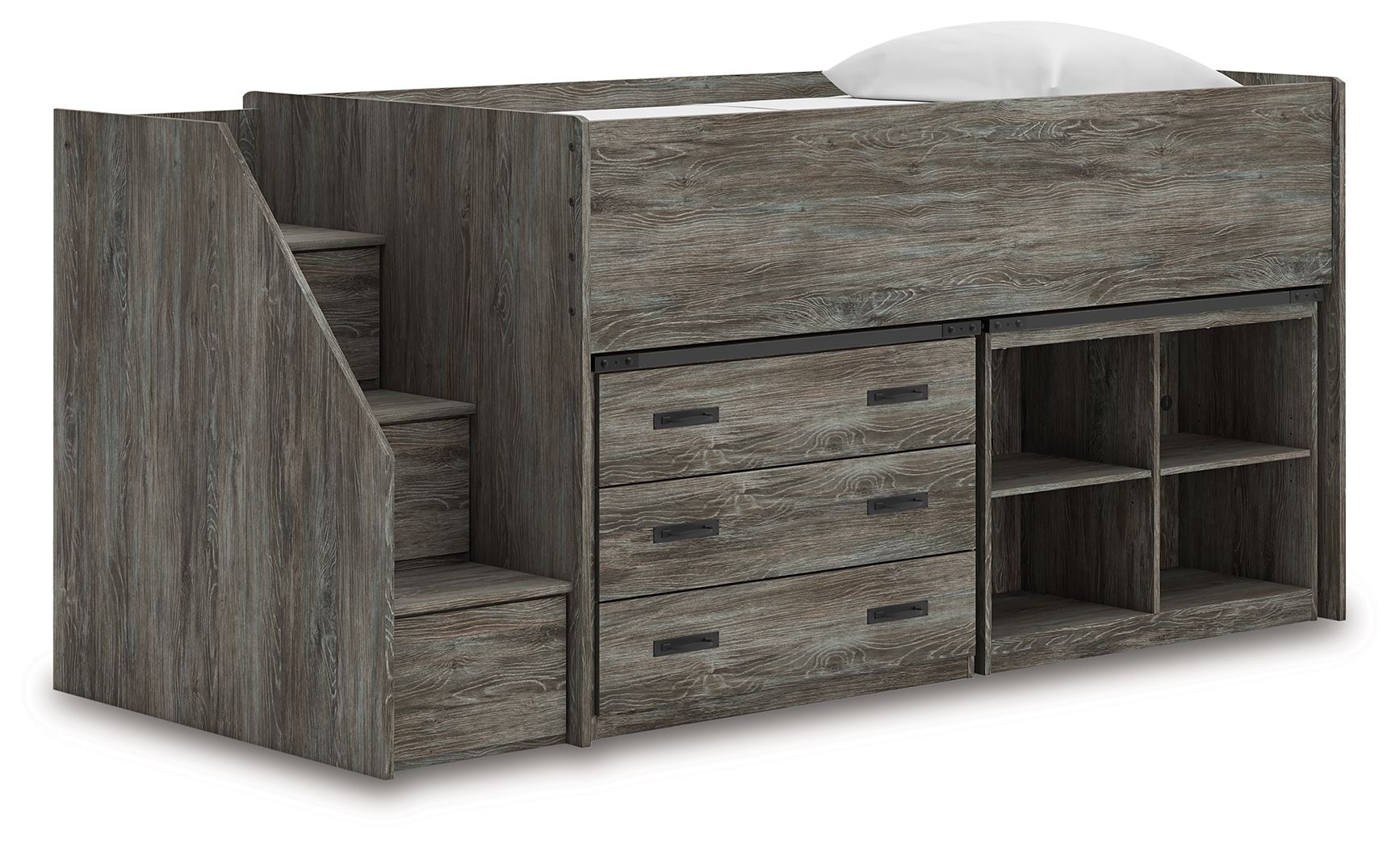 Gray loft bed with storage steps, drawer fronts, and right-side cubby shelves