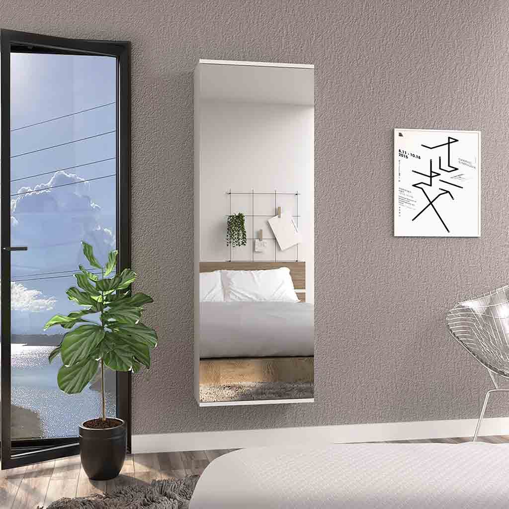 White Wall Mounted Shoe Rack with Mirror Door