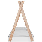 Wooden A-frame bed frame with white mattress and bedding