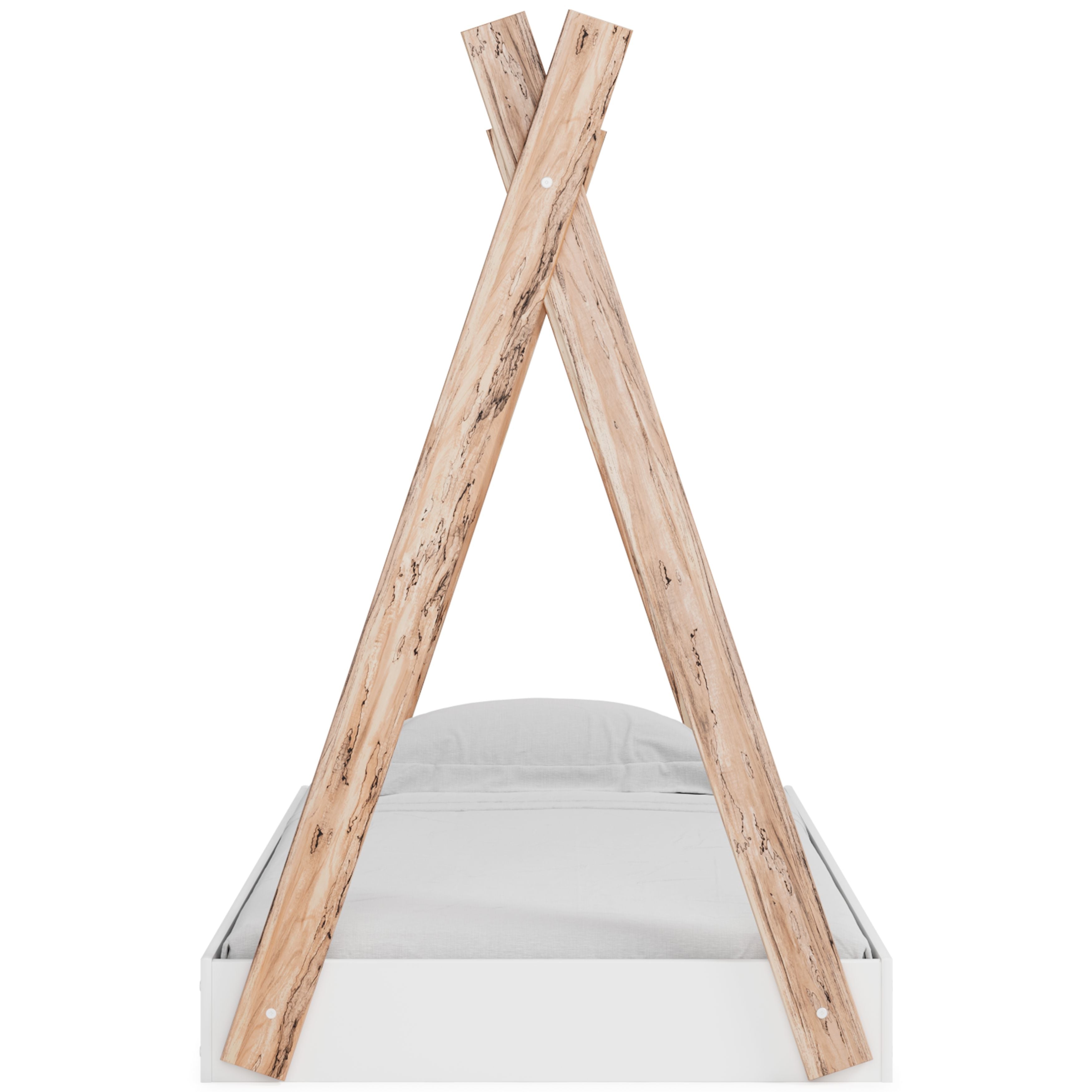 Wooden A-frame bed frame with white mattress and bedding