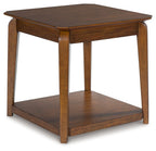 Square end table in medium brown wood with lower shelf, rounded legs, and trim