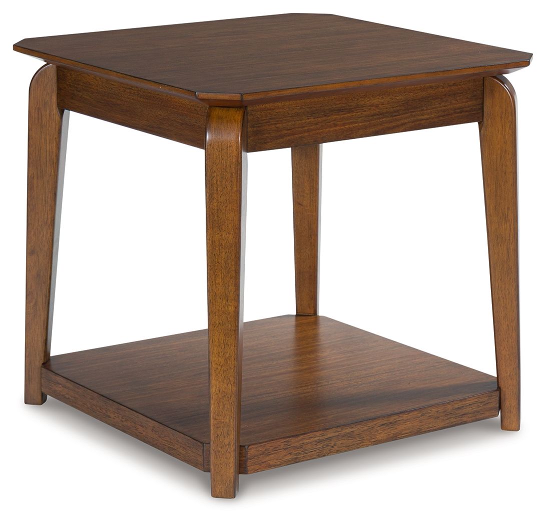 Square end table in medium brown wood with lower shelf, rounded legs, and trim