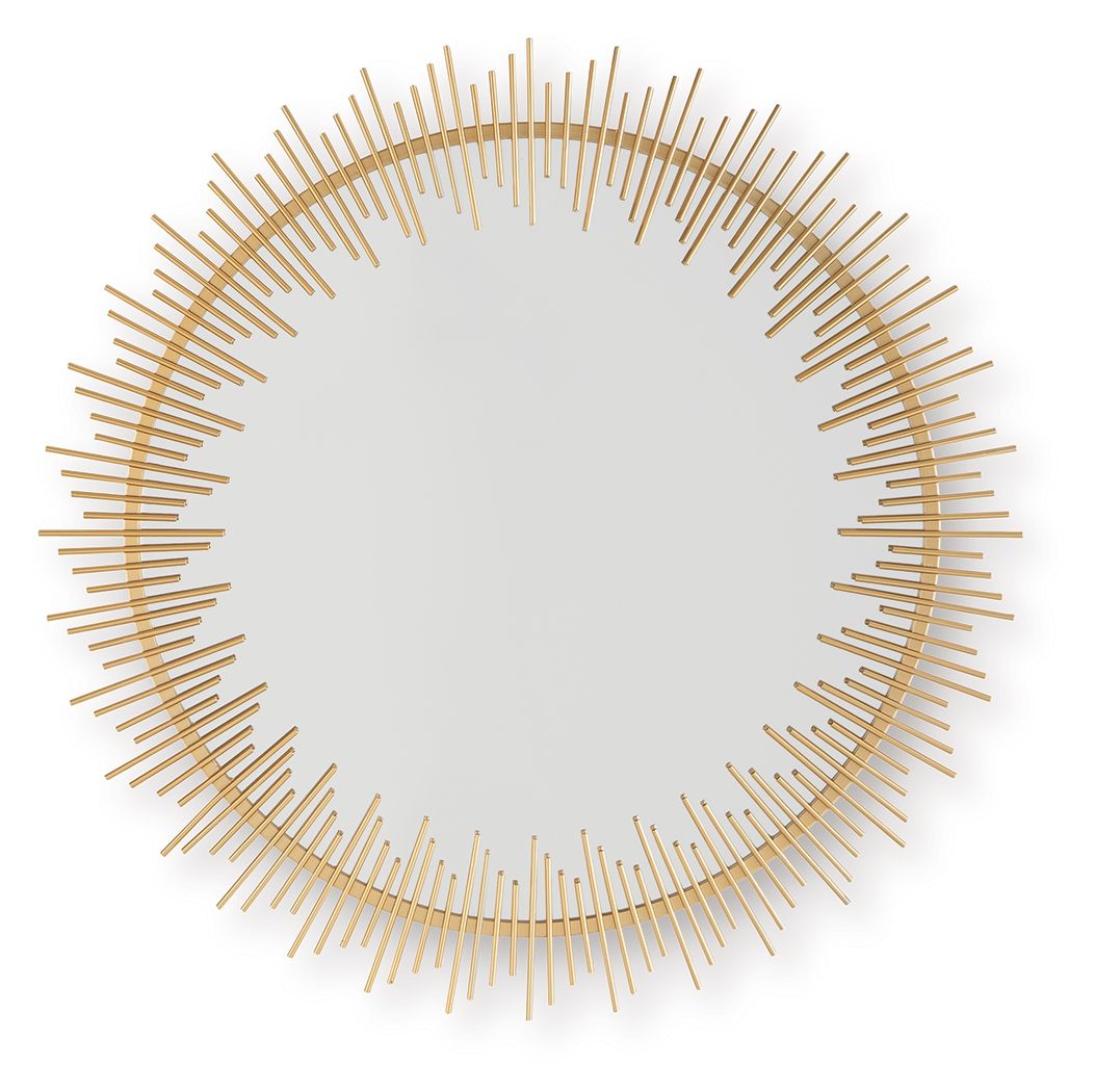 Gold accent mirror with thin radiating rods in a circular frame