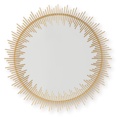 Gold accent mirror with thin radiating rods in a circular frame