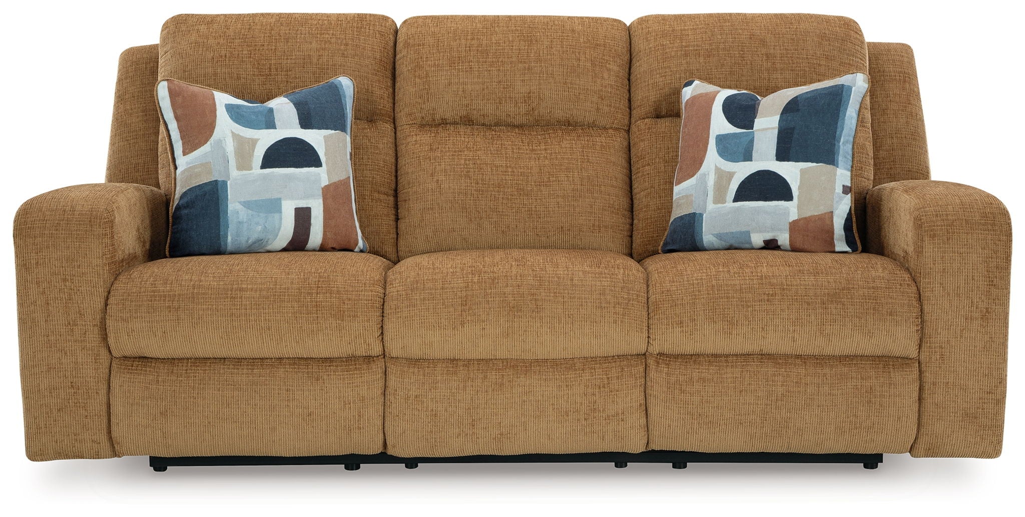 Light brown reclining sofa front view with blue patterned throw pillows