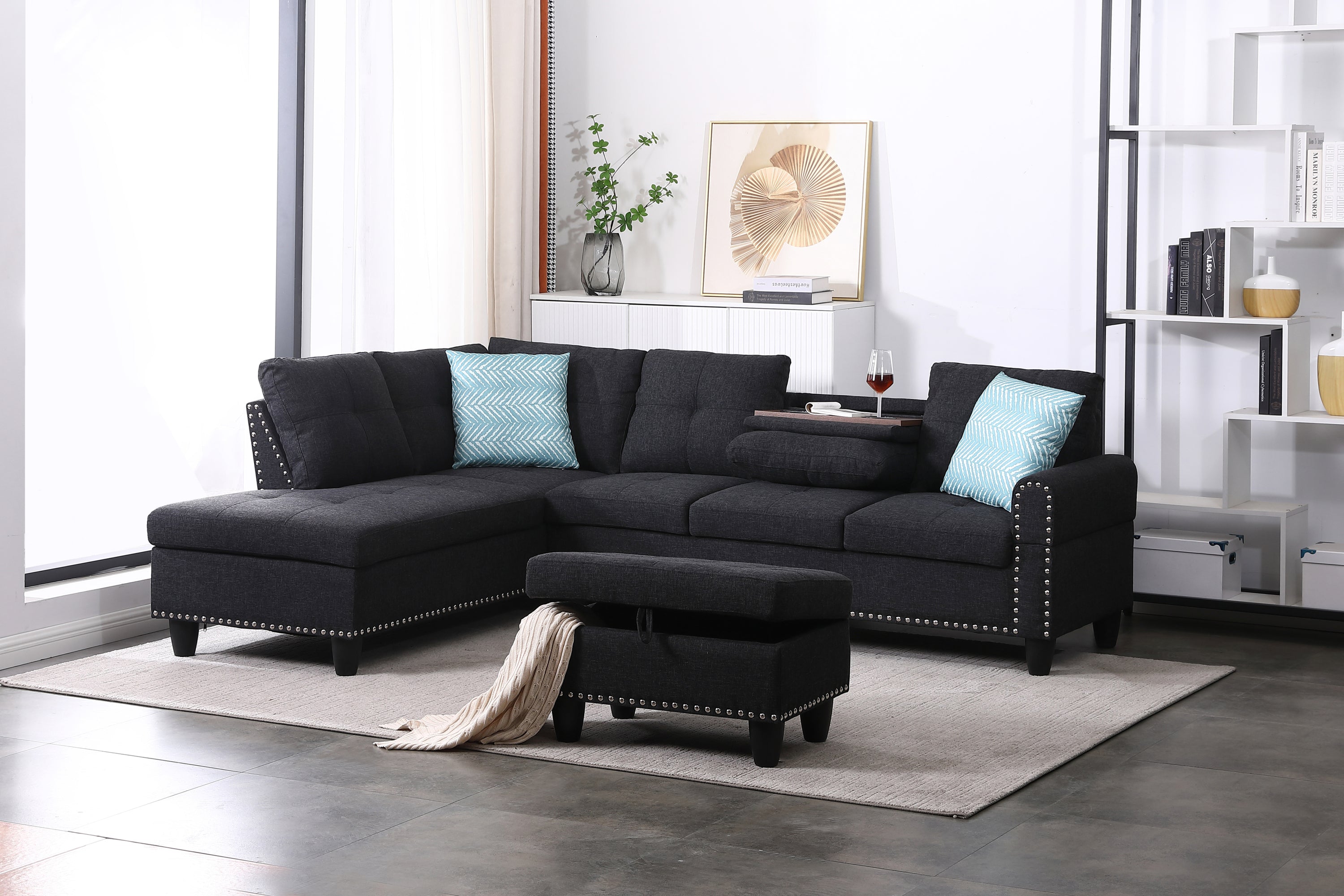 Rivet Trimmed L-Shaped Sofa: Modern Comfort & Style