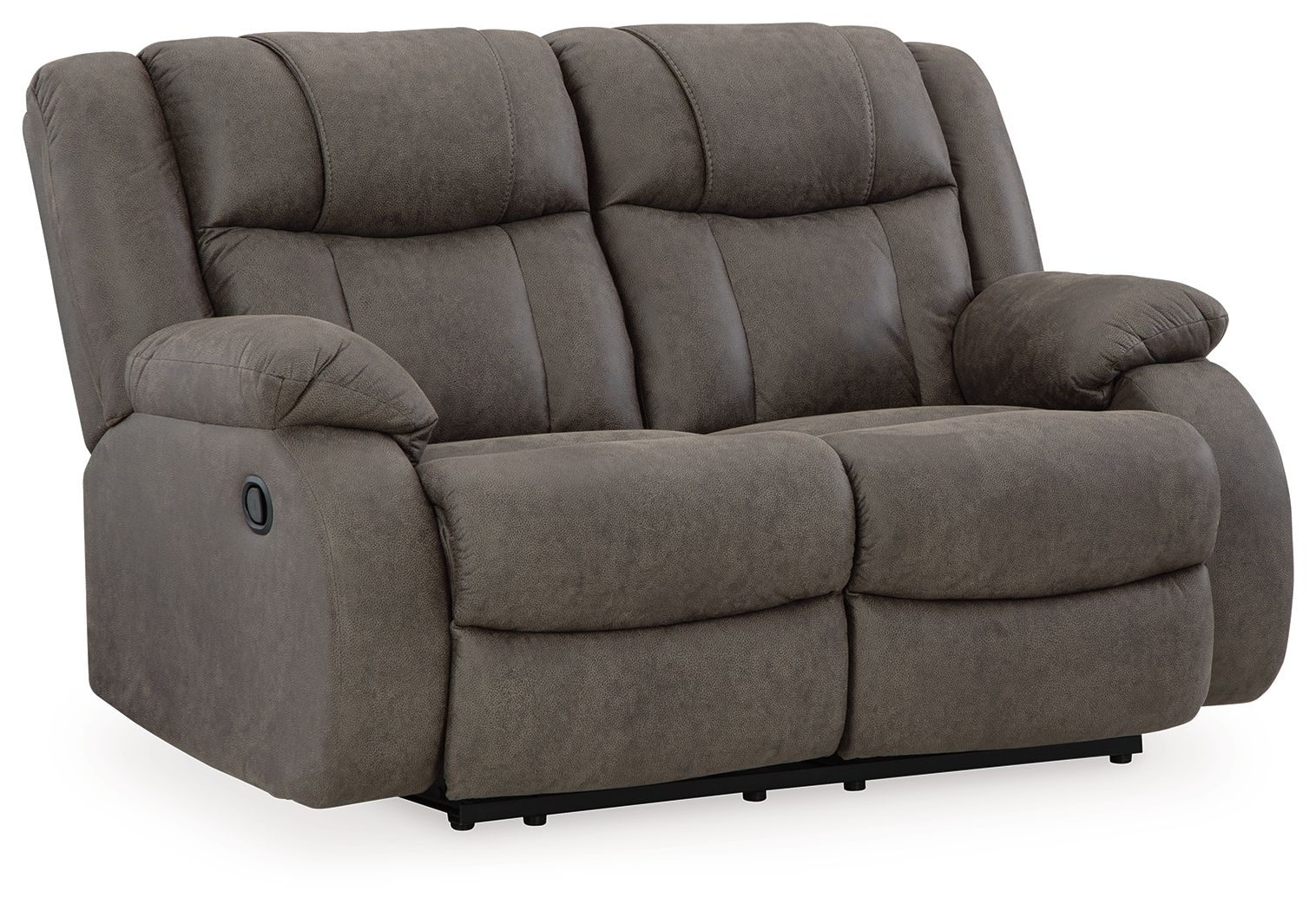 Gunmetal reclining loveseat with rounded armrests and extended footrest, side profile