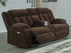 Chocolate reclining loveseat with center console and extended footrests