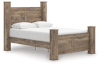 Light brown poster bed with white upholstered mattress and two pillows