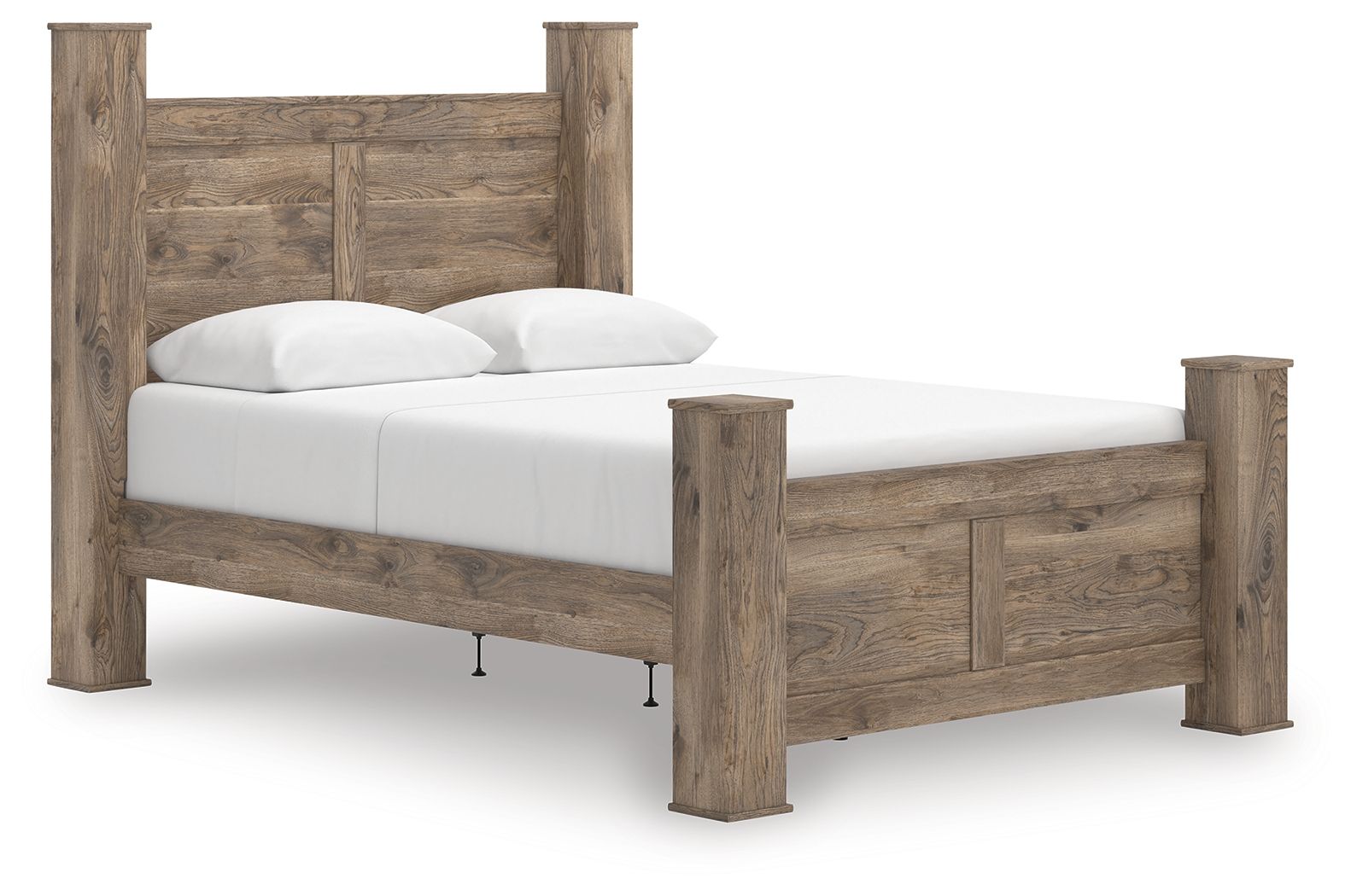 Light brown poster bed with white upholstered mattress and two pillows