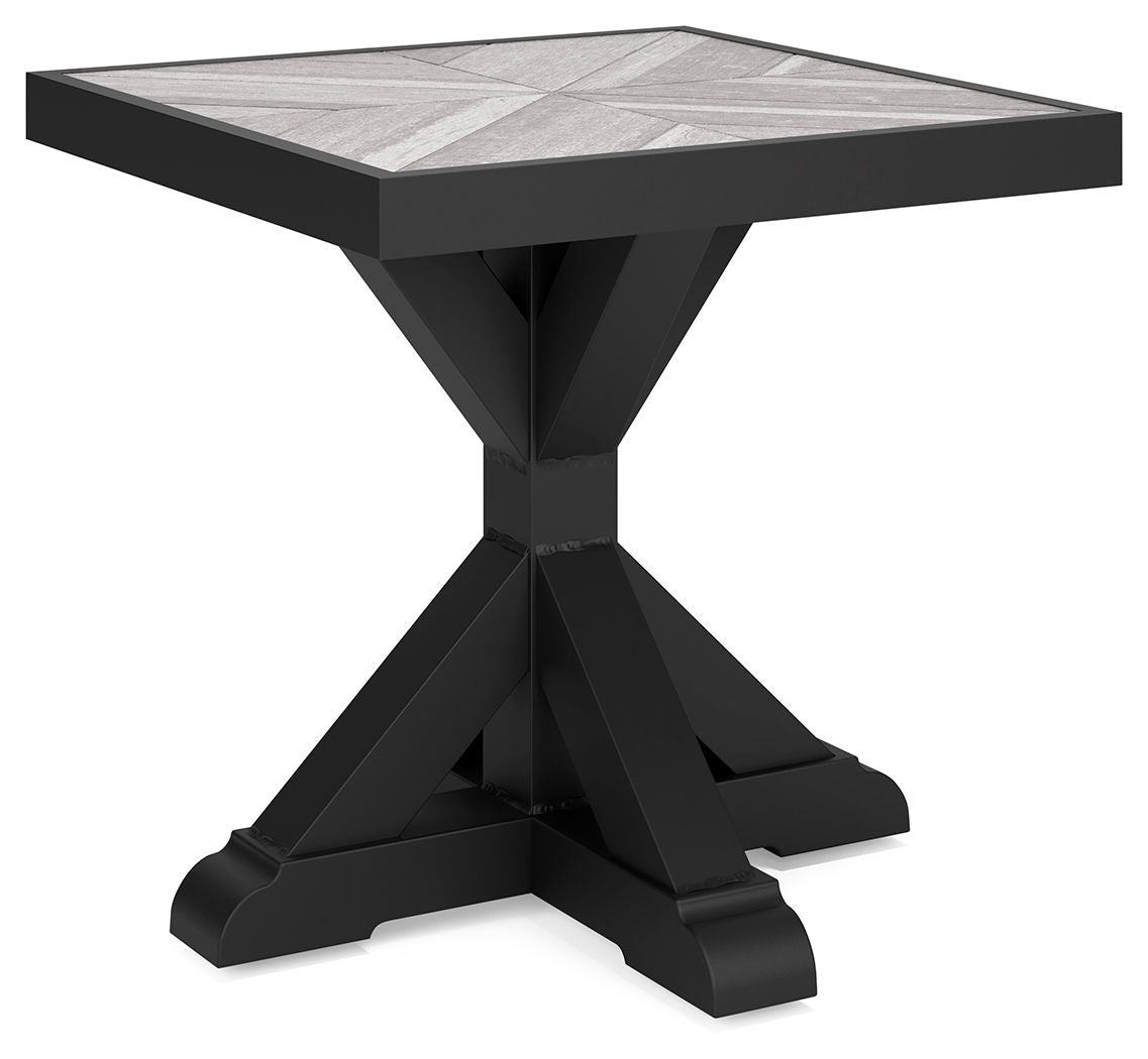 Black square end table with flat top and pedestal-style X-leg base