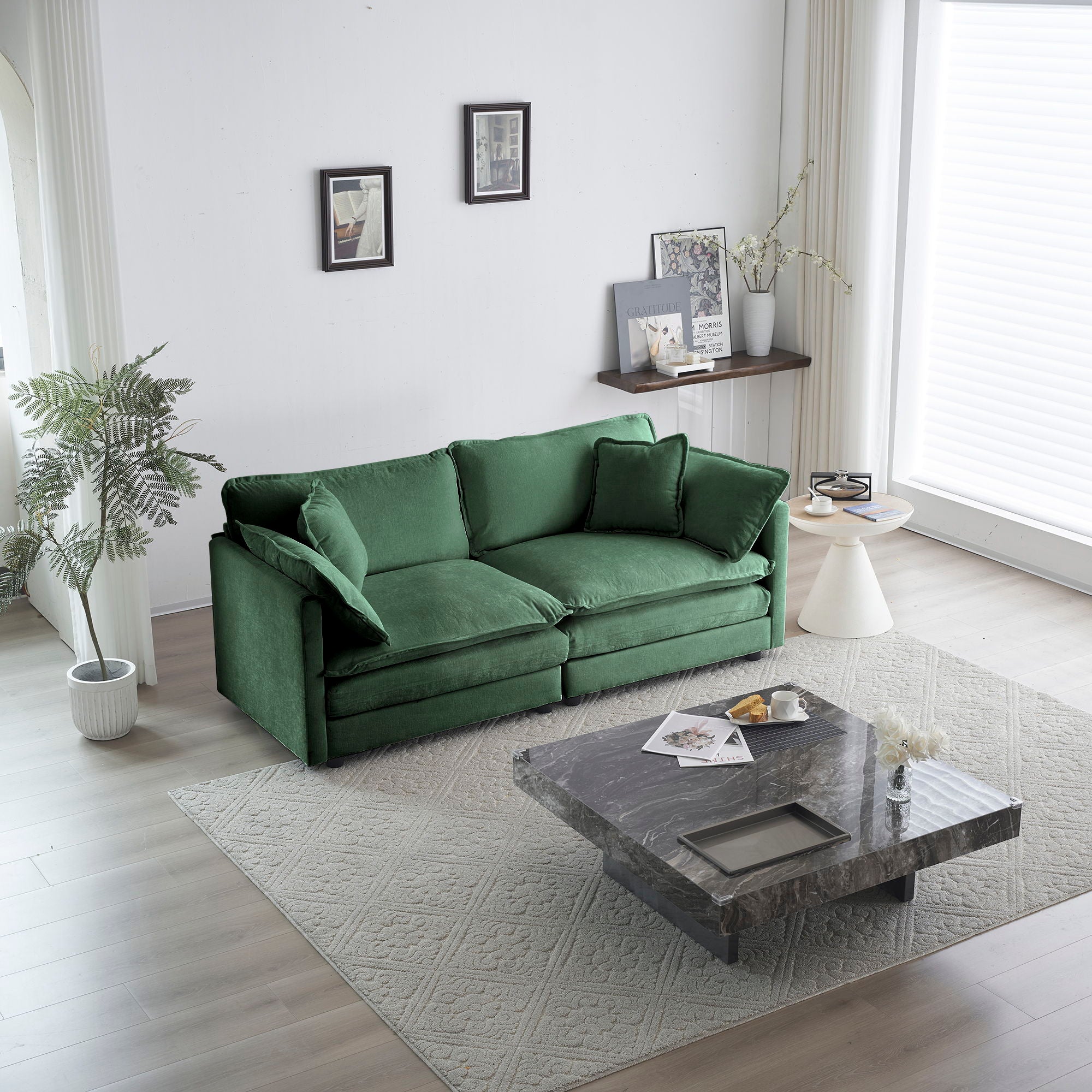 Modern Fabric Loveseat Sofa Couch For Living Room, Upholstered Large Size Deep Seat 2 - Seat Sofa With 4 Pillows, Green Chenille