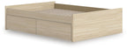 Light brown platform bed with two side drawers and open slat support