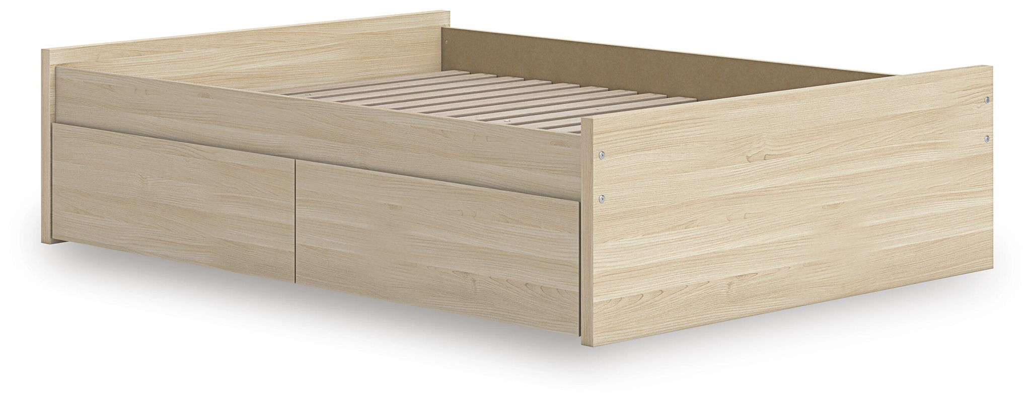 Light brown platform bed with two side drawers and open slat support