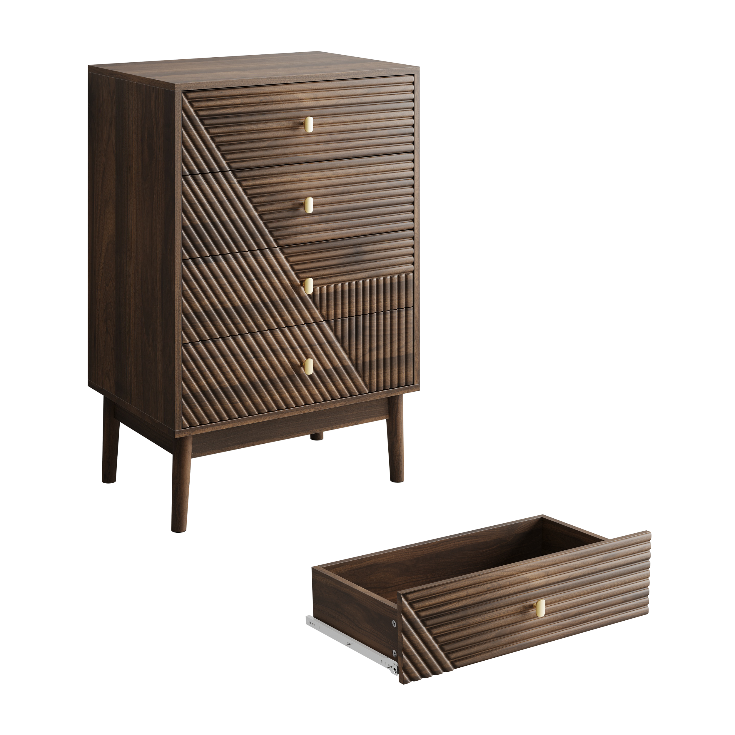 Modern Walnut 4-Drawer Wooden Dresser Chest Storage