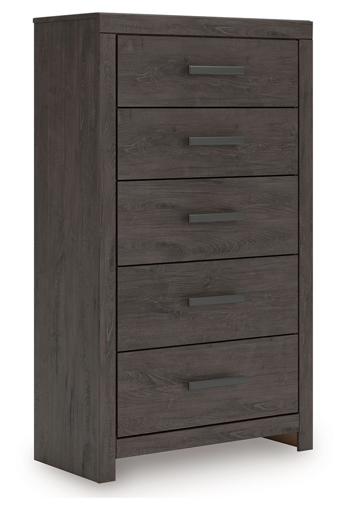 Charcoal five-drawer chest with five dark drawer pulls and flat top.