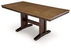 Rectangular counter-height extension table, dark brown legs with brown tabletop.