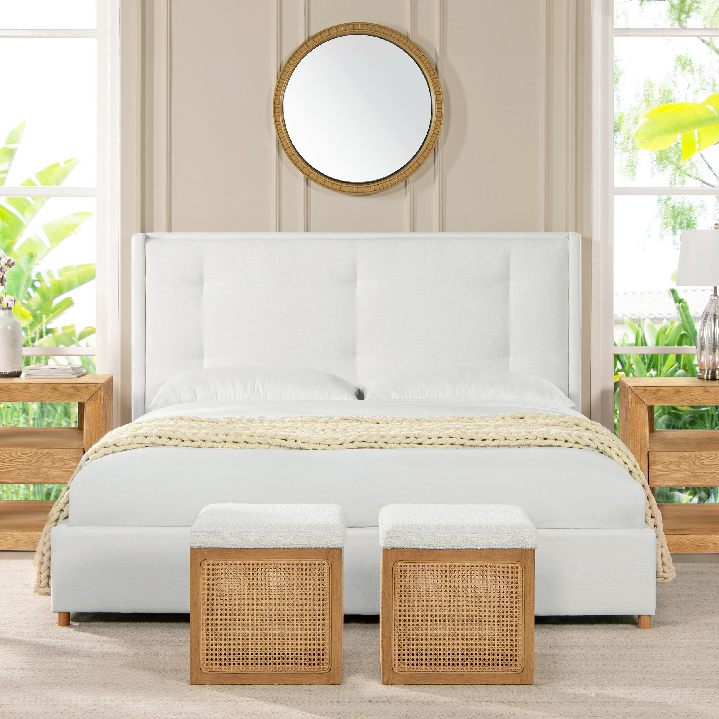 Miramar King Platform Bed Frame w/ Cushion-Back Headboard, Antique White