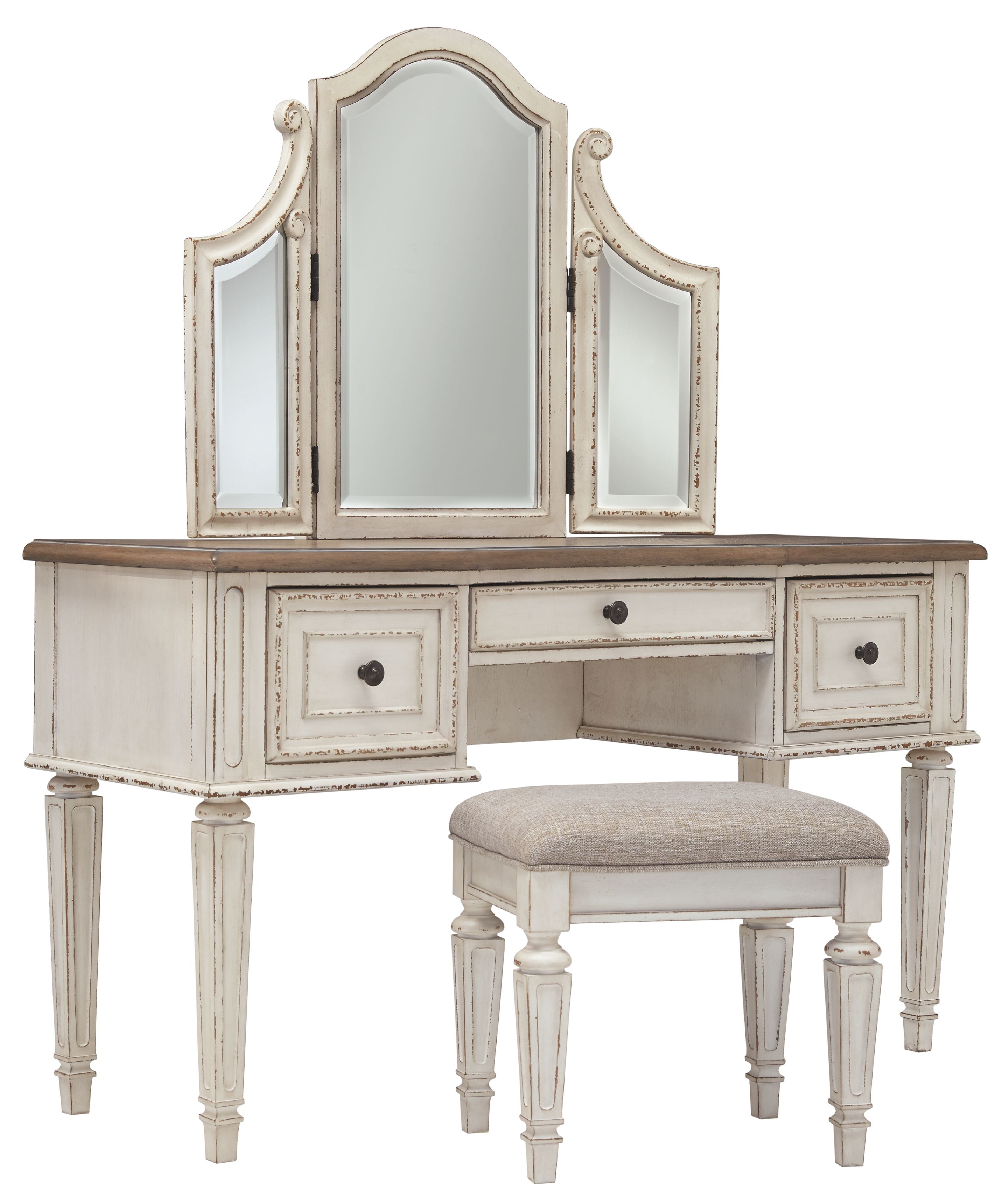 White vanity desk with arched mirror and two drawer cabinets, plus beige upholstered stool