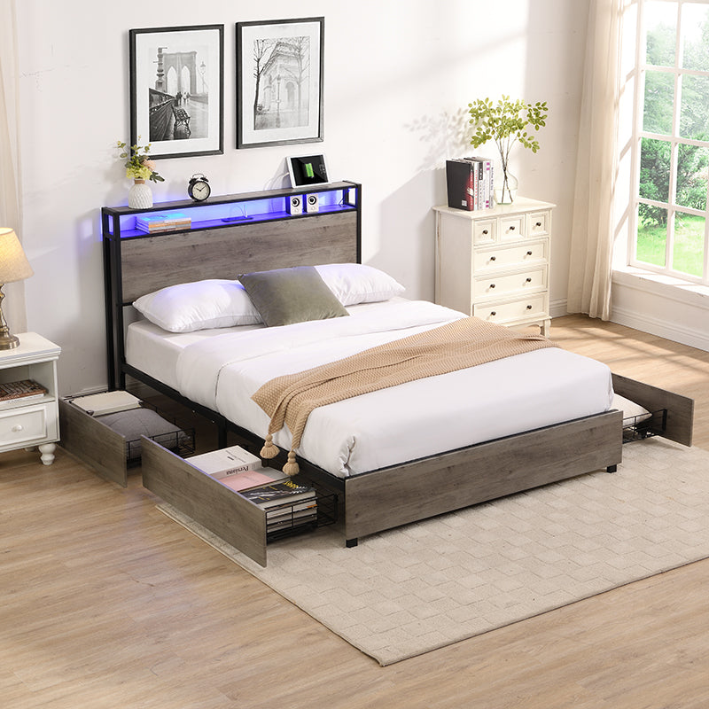 Full Bed Frame w/ Storage Headboard, Charging Station, No Box Spring