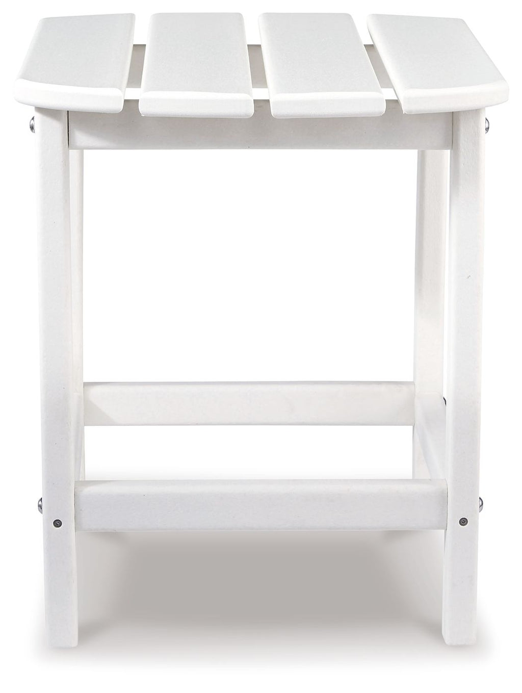 White outdoor end table with slatted top and open lower shelf, square frame