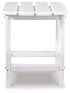 White outdoor end table with slatted top and open lower shelf, square frame