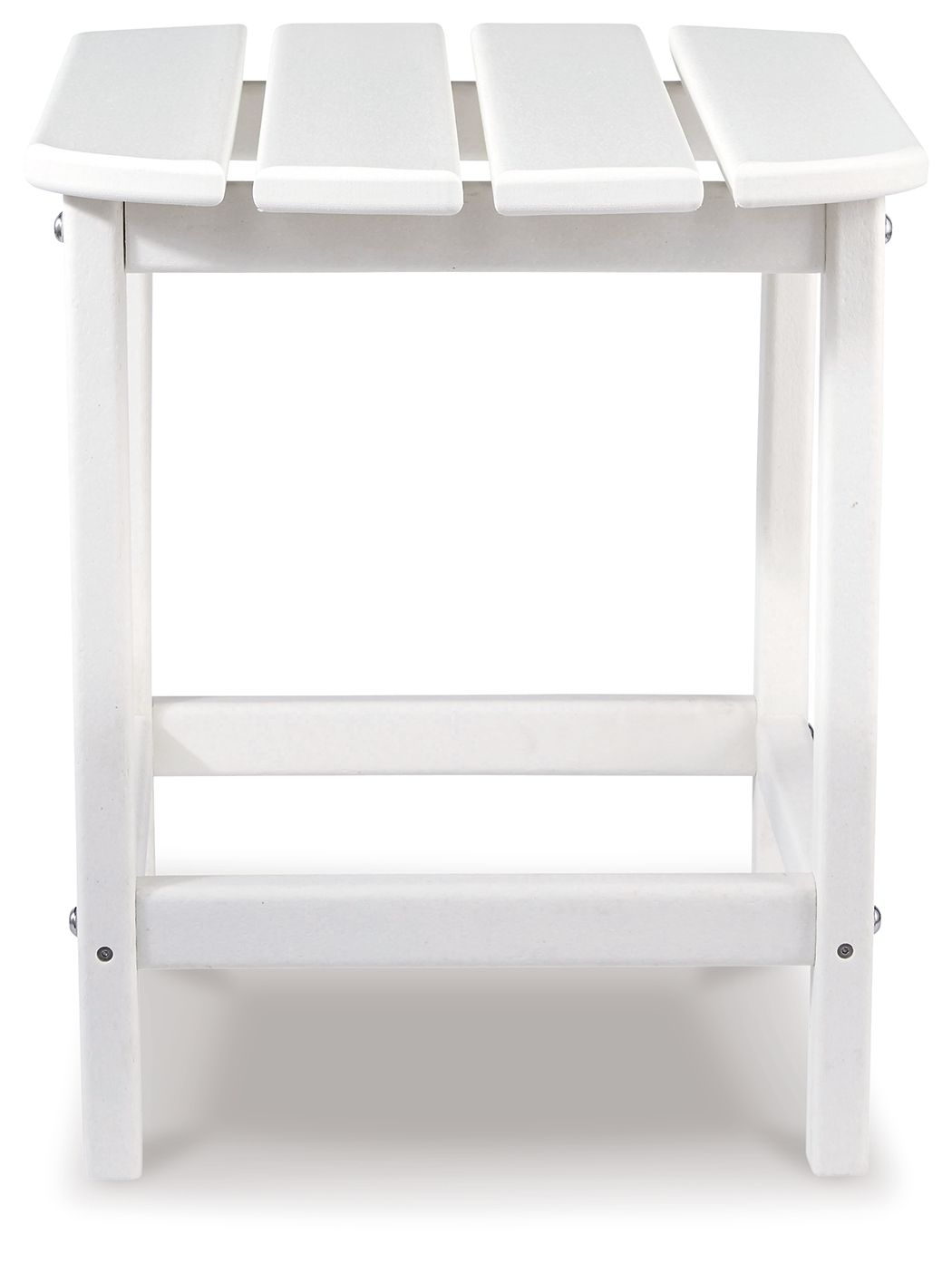 White outdoor end table with slatted top and open lower shelf, square frame