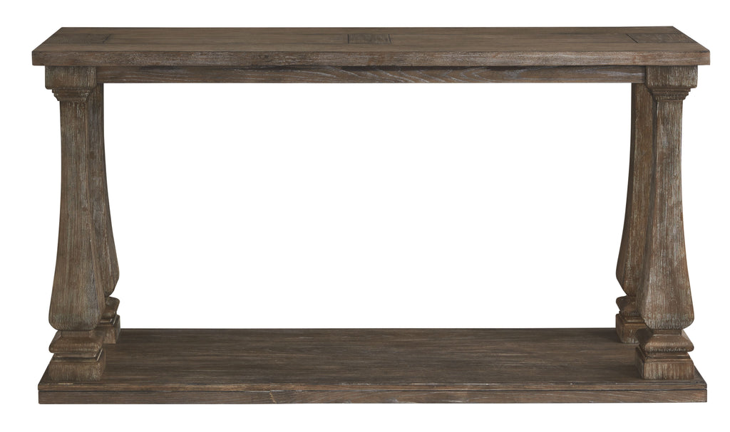 Gray sofa table with rectangular top, lower shelf, and ornate turned legs