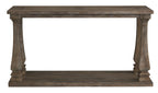 Gray sofa table with rectangular top, lower shelf, and ornate turned legs