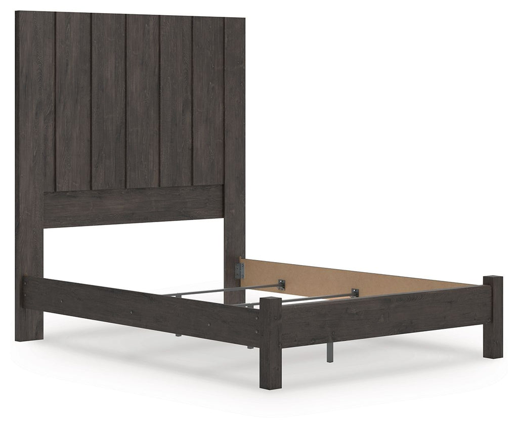 Fraluna dark gray panel bed frame with white mattress top and visible support bars