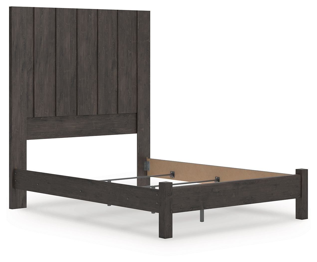 Fraluna dark gray panel bed frame with white mattress top and visible support bars