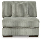Armless chair with gray corded ribbed upholstery, padded seat and back, wooden legs