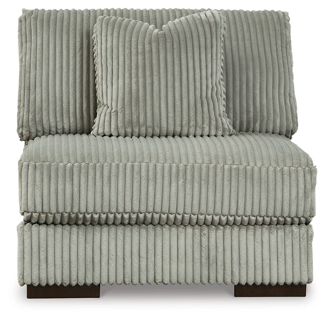 Armless chair with gray corded ribbed upholstery, padded seat and back, wooden legs