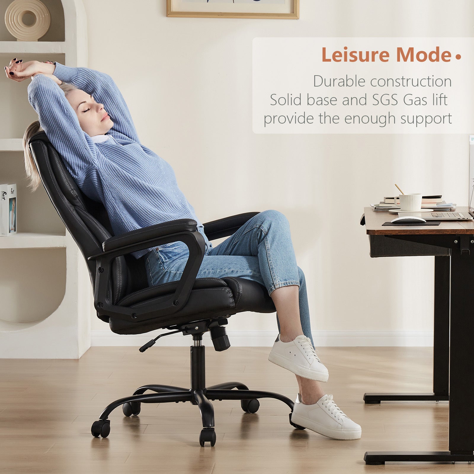 Ergonomic PU Leather Desk Chair with Armrests